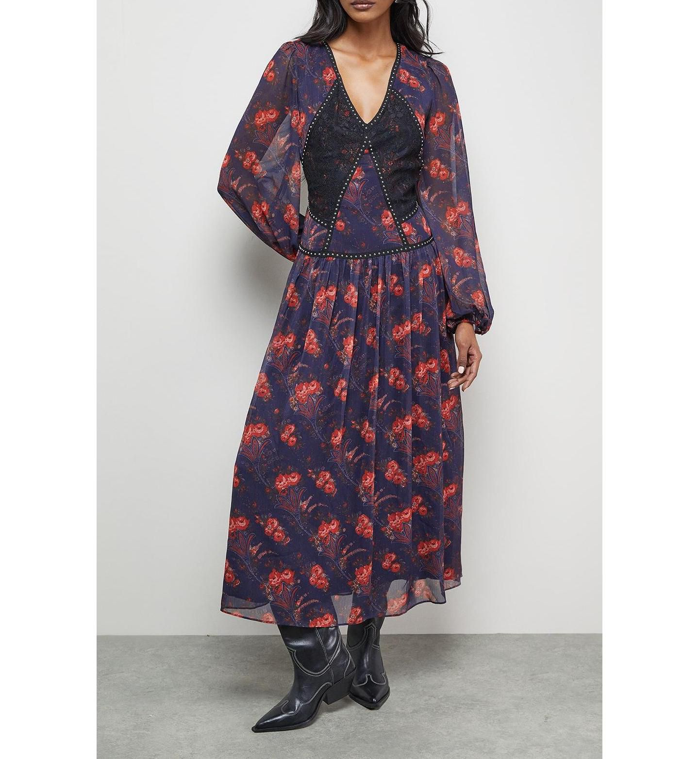 Женское платье Warehouse Plunge Neck Pleated Maxi, цвет: Синий — фото 3