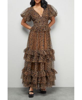 Women's Zebra Print Tulle Ruffle Maxi Dress