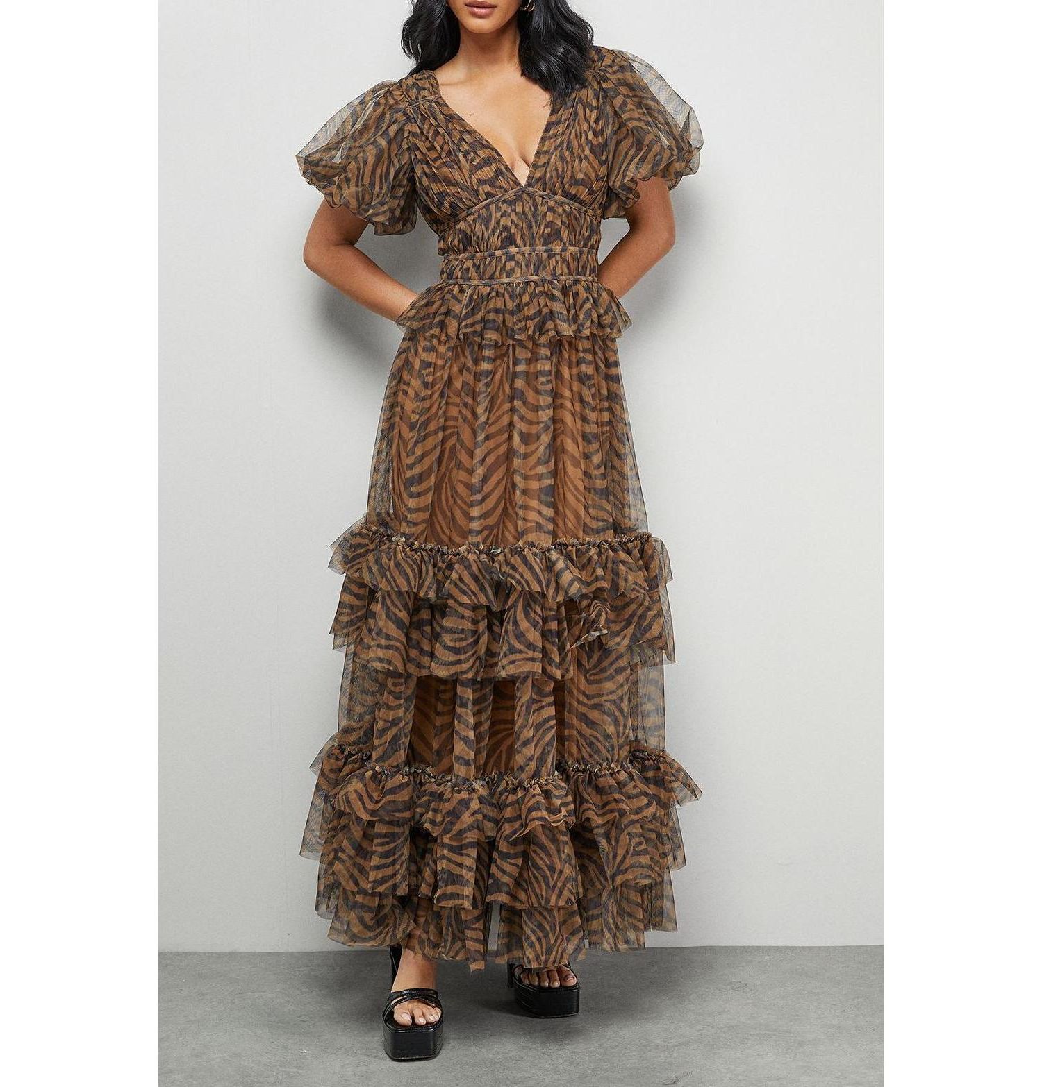 Women's Zebra Print Tulle Ruffle Maxi Dress