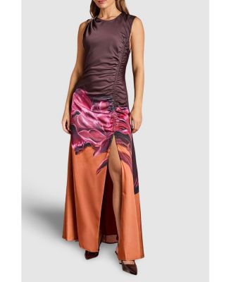 Women's Ruched Print Satin Midi Dress.