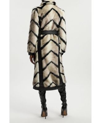 Women's Stripe Faux Fur Belted Long Coat