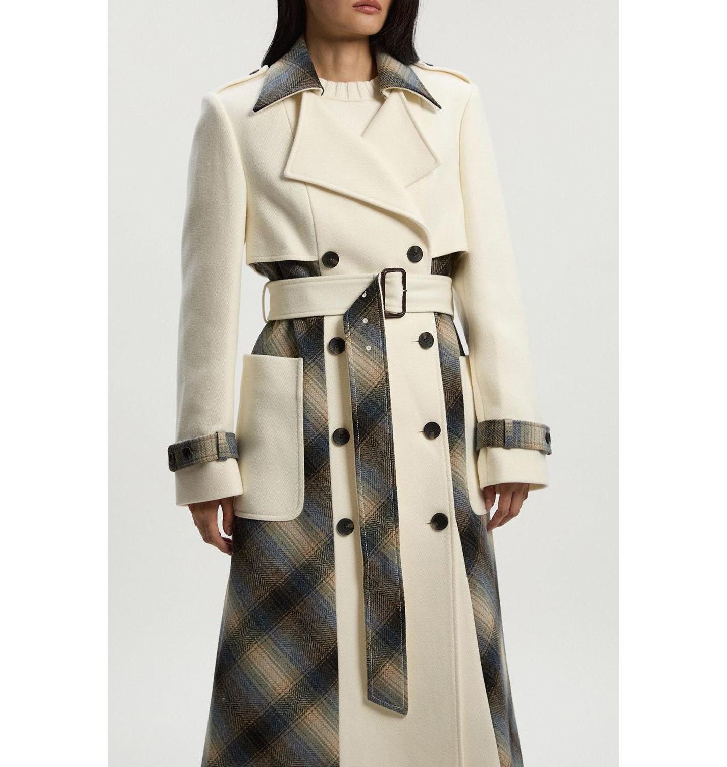 Женское пальто Karen Millen Wool Check Trench Midi, цвет: Слоновая кость — фото 7
