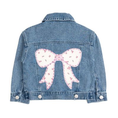 Big Girls Pearl and Gemstone Floral Bow Patch Denim Jacket
