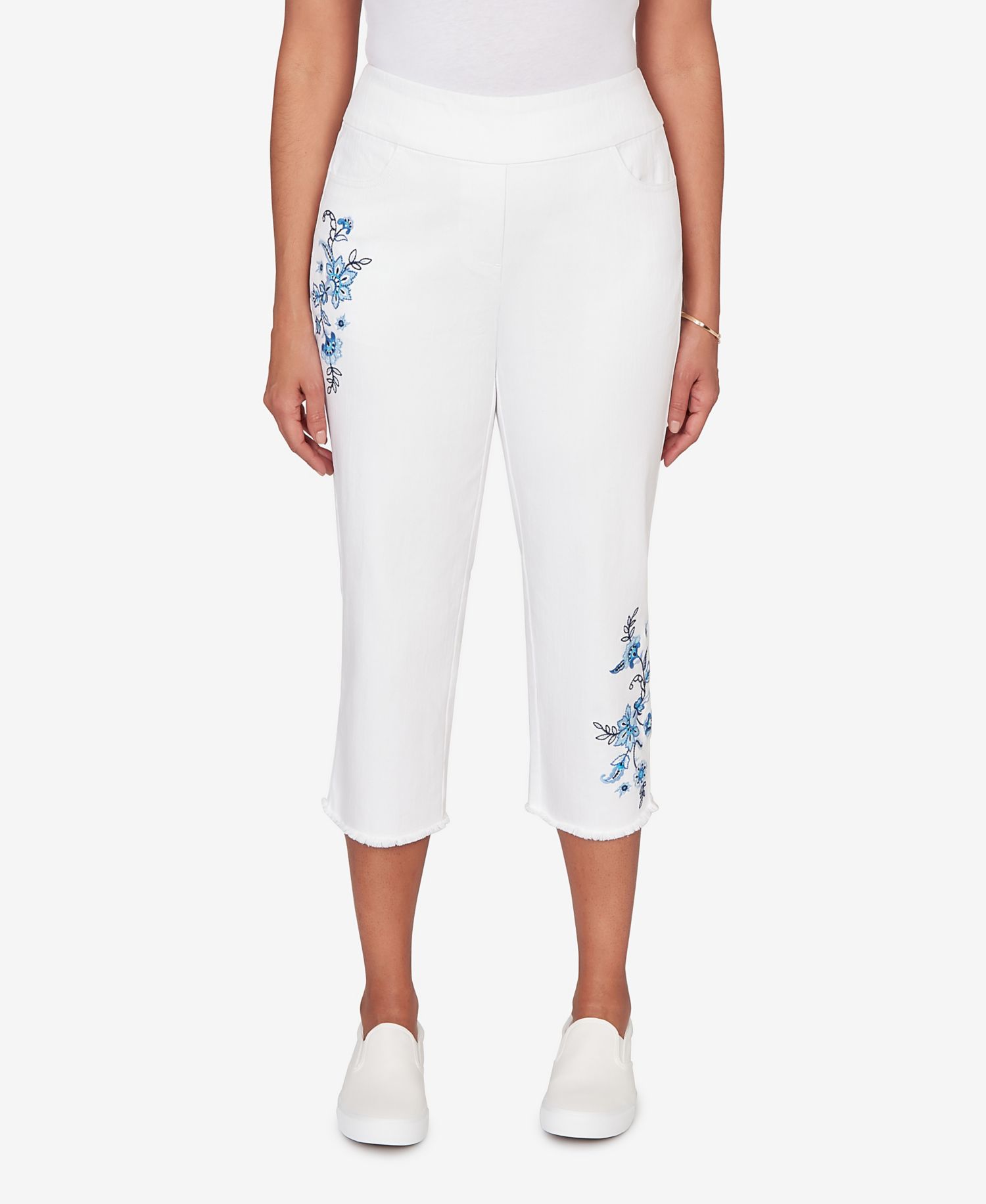 Women's Mykonos Floral Embroidered Fringe Super Stretch Denim Capri