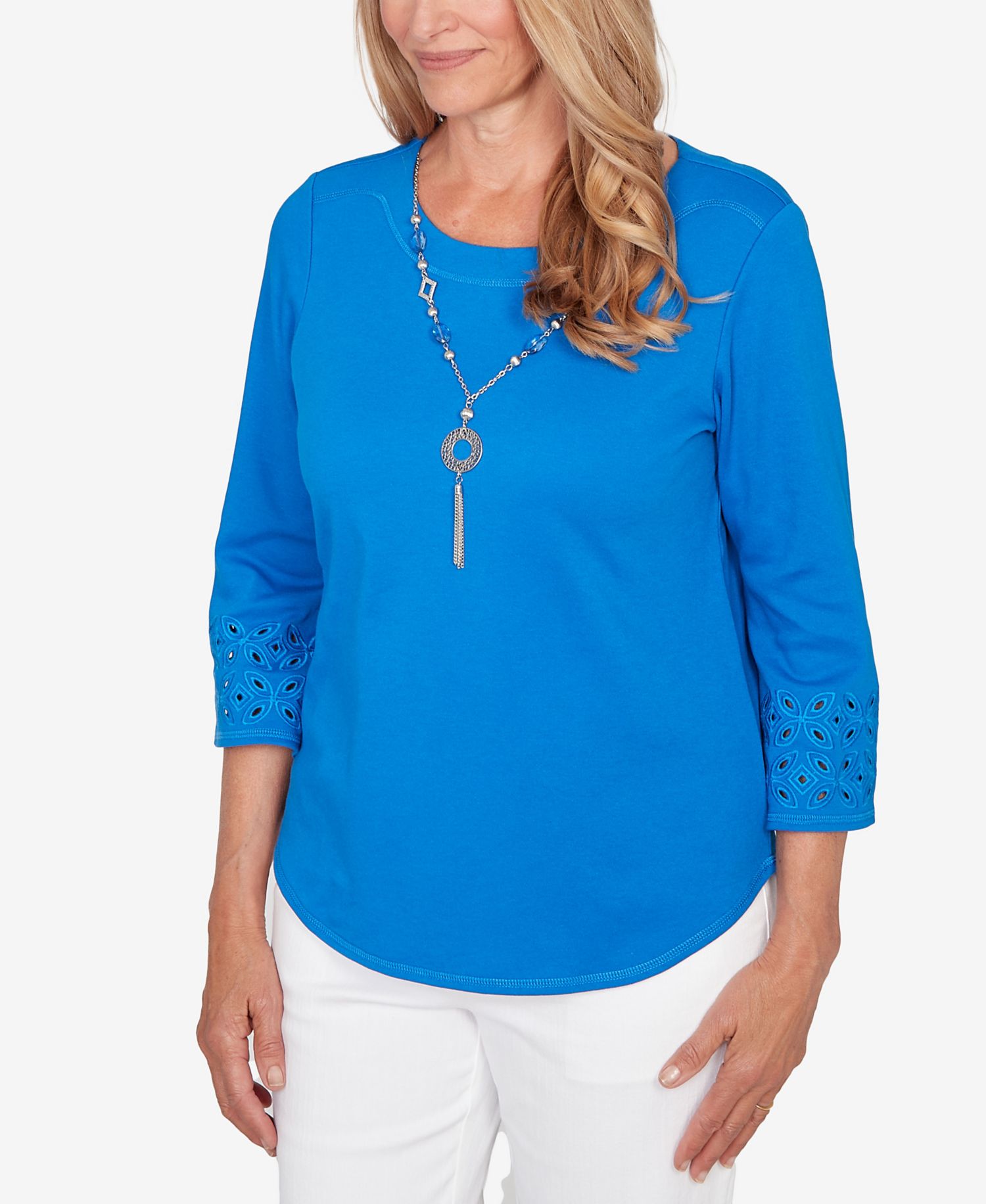 Women's Mykonos Eyelet Sleeve Solid Top with Necklace