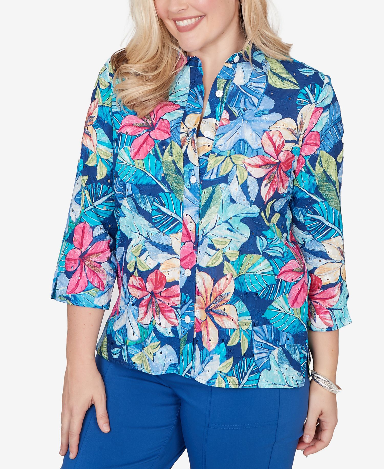 Women's The Royal Treatment Tropical Eyelet Button-Down Top