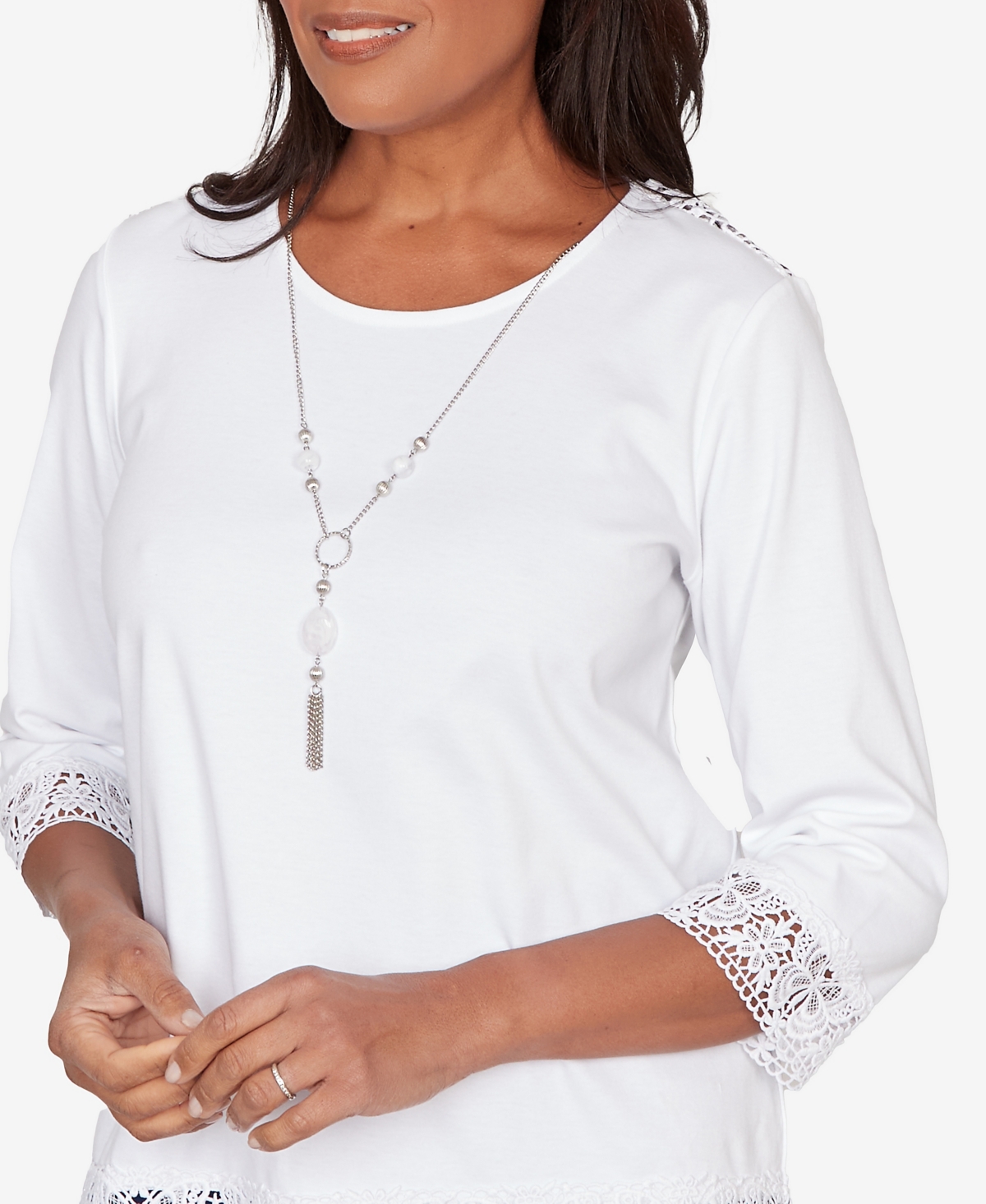 Alfred Dunner Women's The Royal Treatment Embellished Lace Trim Top with Necklace