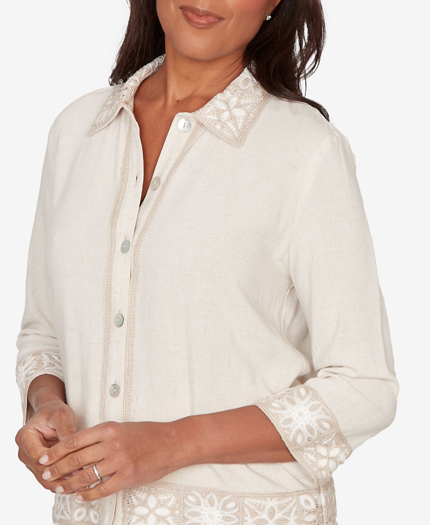 Women's Natural Wonder Embellished Crochet Trim Linen Jacket