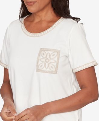 Women's  Natural Wonder Crochet Pocket Short Sleeve T-shirt