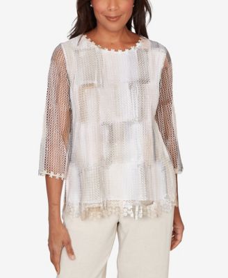 Women's  Natural Wonder Neutral Brushstrokes Mesh Top