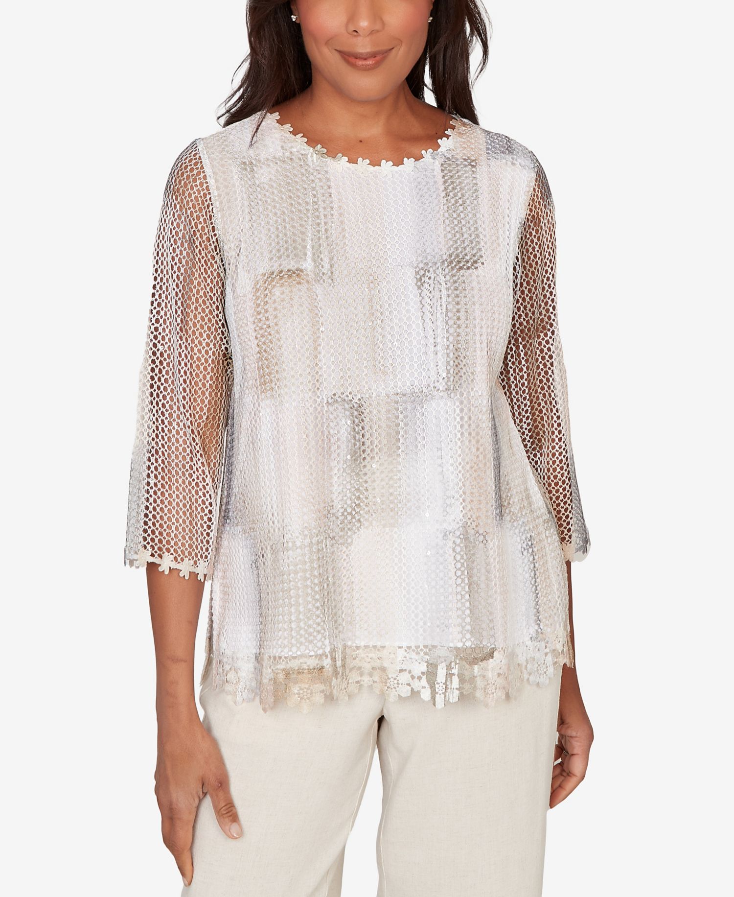 Women's Natural Wonder Neutral Brushstrokes Mesh Top