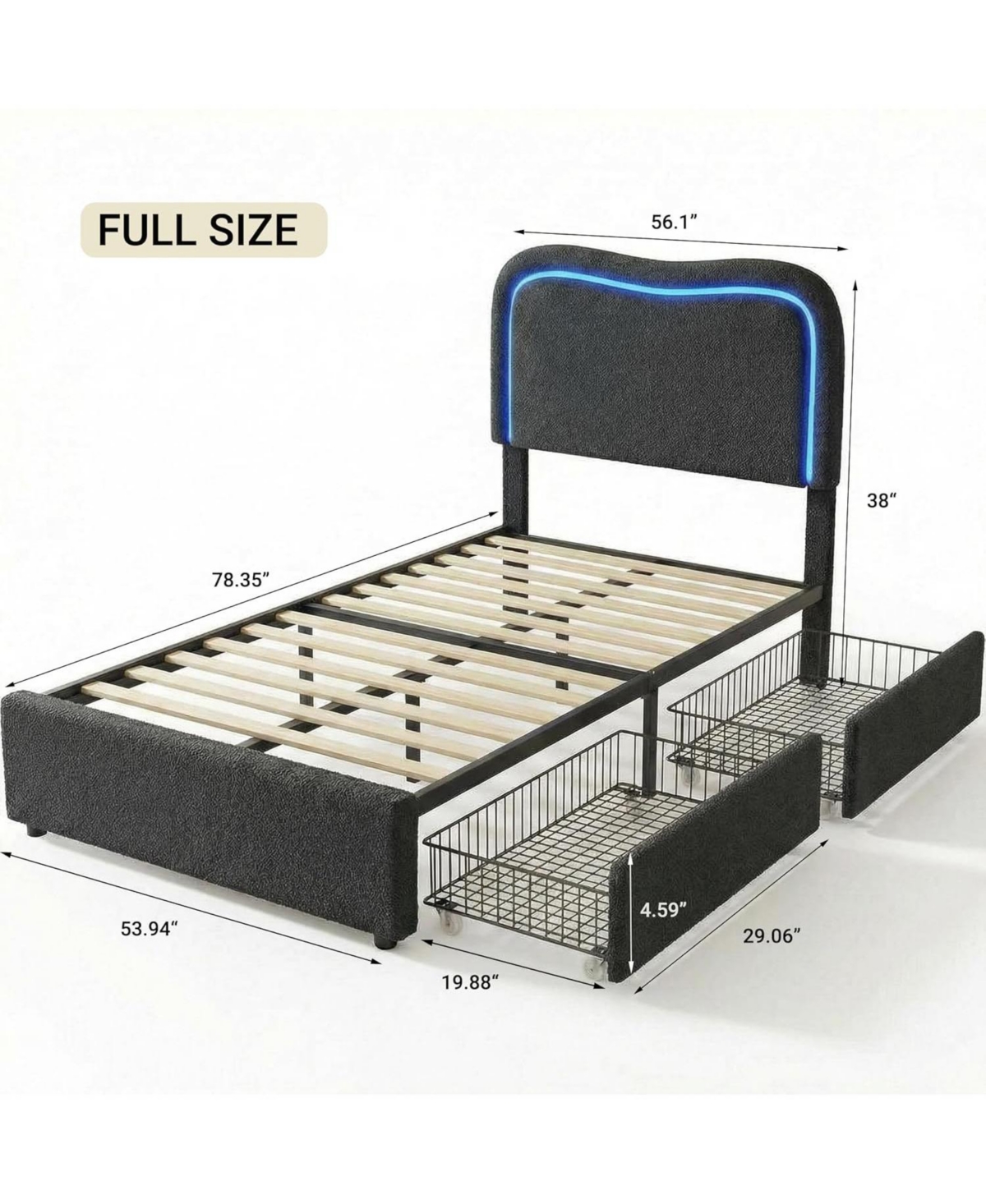 gaomon Boucle Bed Frame with 2 Storage Drawers, Upholstered Platform Led Headboard