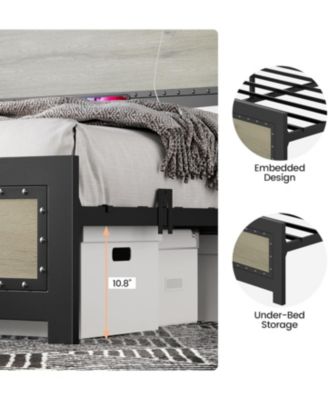 Bed Frame with Headboard and Charging Station, Sturdy Metal Platform, Wood Accent Bed Frame