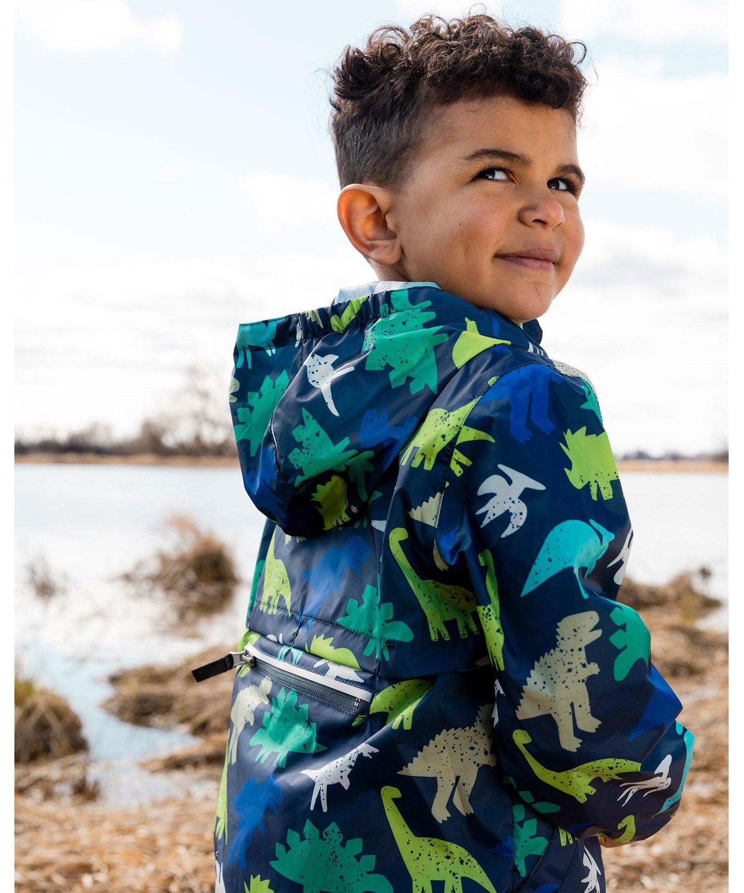 Boys Packable Windbreaker in Polyester Dinosaur Print