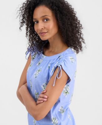 Women's Printed Boat-Neck Ruched-Sleeve Top