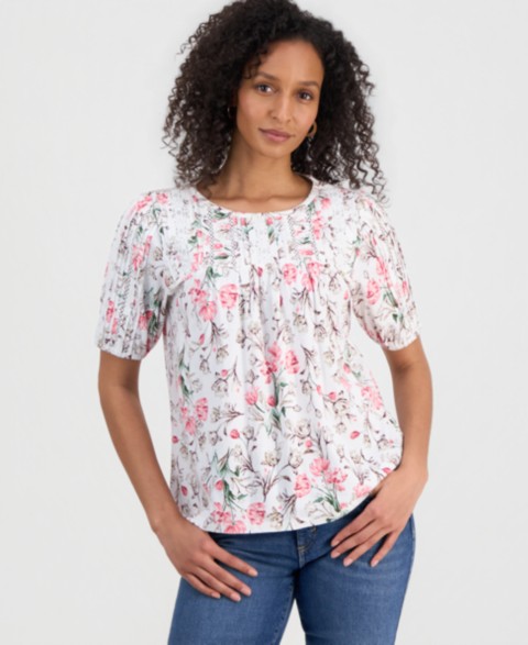 Женские Style & Co Petite Printed Lace Trim Cotton Short-Sleeve Blouse