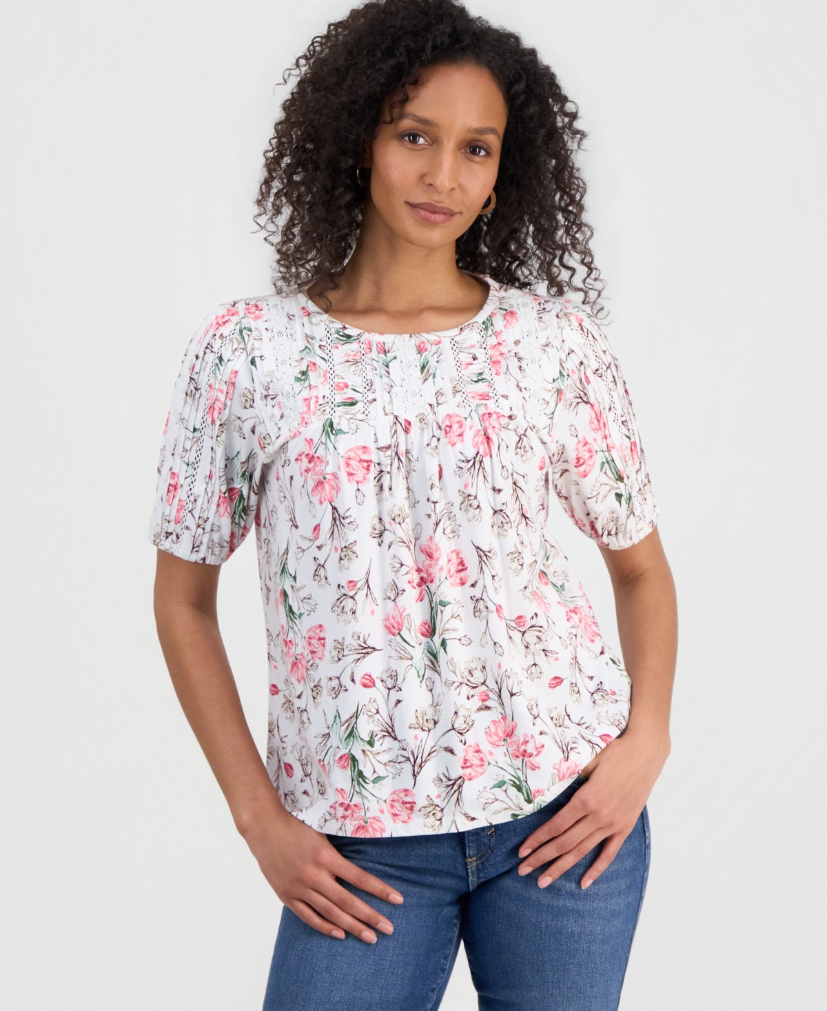 Женские Style & Co Petite Printed Lace Trim Cotton Short-Sleeve Blouse — фото 1