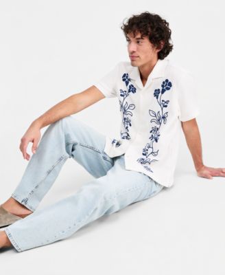 Men's Floral Embroidered Cotton Camp Shirt & Wave Wash Baggy Jeans