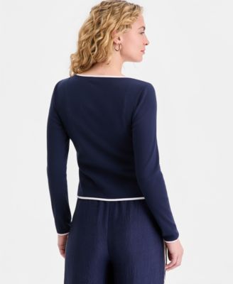 Women's Contrast-Trim Ribbed Cardigan