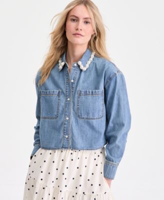 Women's Faux-Pearl-Trim Denim Shirt