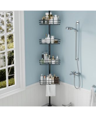 Corner Shower Caddy Tension Pole,  4-Tier Rustproof Bathroom Shelves with Built-In Towel Bars
