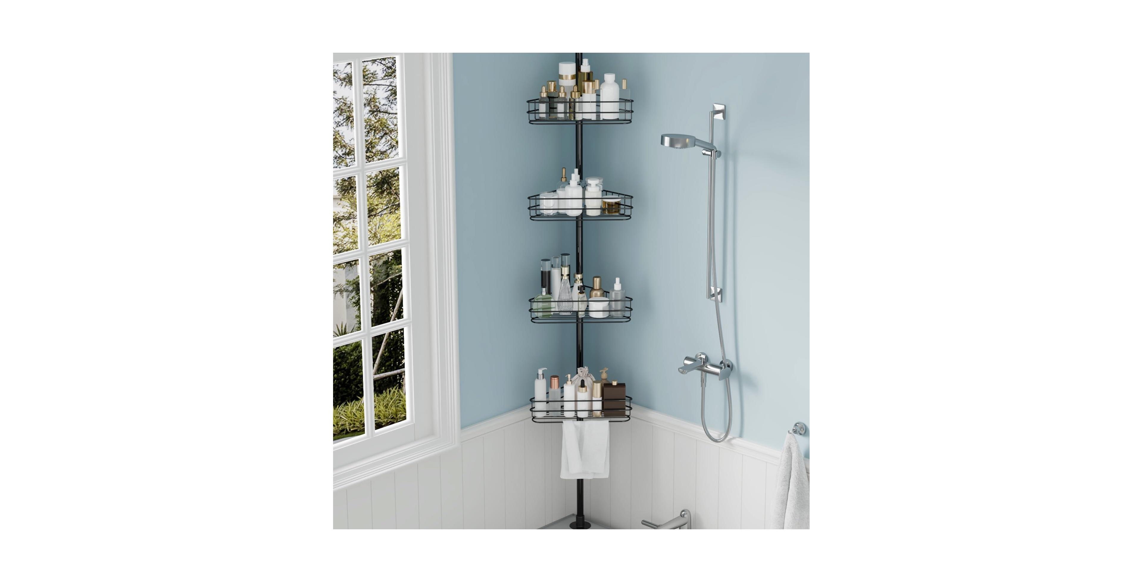 Homfan Corner Shower Caddy Tension Pole, 4-Tier Rustproof Bathroom Shelves with Built-In Towel Bars