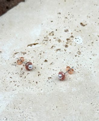 Rose Gold Freshwater Pearl CZ Halo Stud Earrings