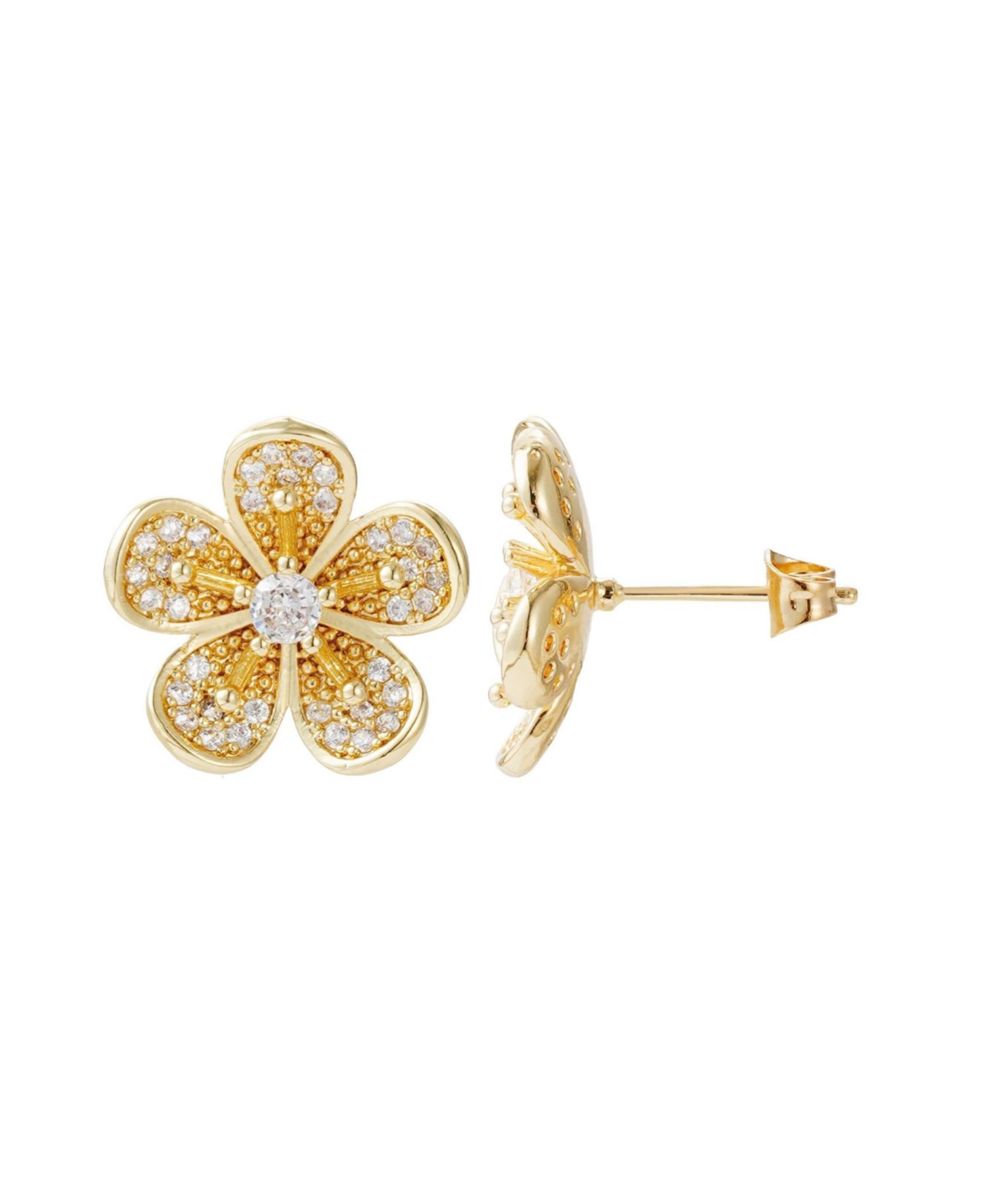 Gold CZ Flower Stud Earrings