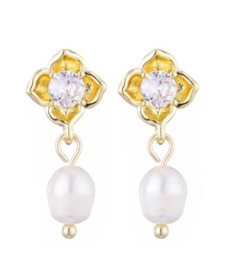 Gold Freshwater Pearl Crystal Flower Earrings