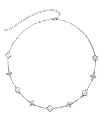 Silver Mother of Pearl CZ Mixed Clover Station Necklace