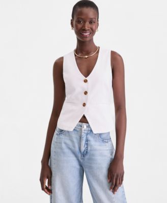 Women's Linen Blend V-Neck Button-Front Vest