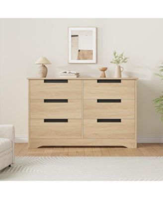 6 Drawer Dresser for Bedroom, Natural Modern Double Dresser Organizer with Embedded Handles Design, Wooden Chest of Drawers for Living Room