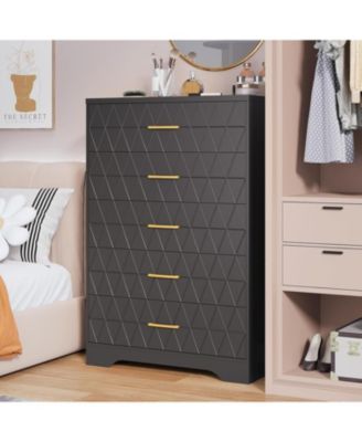 Tall Dresser for Bedroom with 5 Drawer, Pink Wood Chest of Drawers with Gold Handles for Closet, Modern Nightstand for Bedside