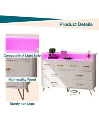 8 Drawer Wood Dressers for Bedroom with Led Light and Power Outlet, Wooden Dressers with Open Shelves  for Adult and Kids Bedroom