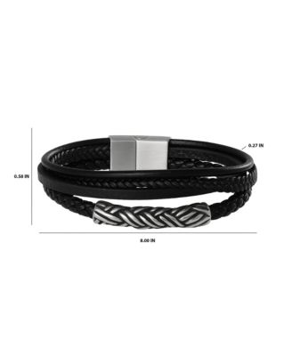 Men s Multi Row 8'' Leather Bracelet with Braided Barrel, Black