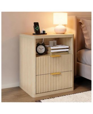 1PC Natural Fluted Nightstand, 2-Drawer Bedside Table with Charging Station & Open Storage