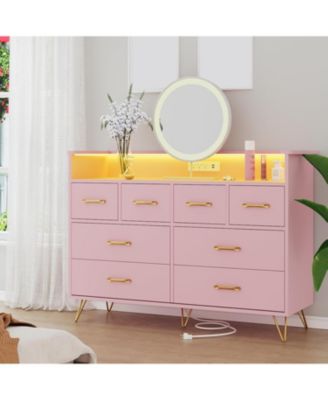 8 Drawer Wood Dressers for Bedroom with Led Light and Power Outlet, Wooden Dressers with Open Shelves  for Adult and Kids Bedroom