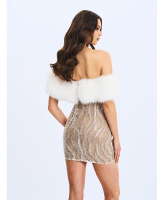 Women's Averie Fur Off-Shoulder Sequin Mini Dress