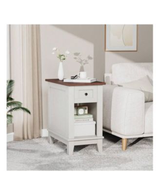 Narrow Farmhouse Side Table with Charging Station, Small Storage Nightstand Bedside Table for Living Room