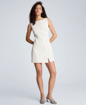 Women's Boat Neck Button Front Sheath Short Dress
