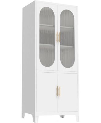 Freestanding Storage Cabinet: 70" Tall White Linen + Pantry + China Cabinet – Tempered Glass Doors, Heavy-Duty Adjustable Shelves