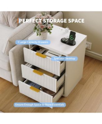 Fluted Nightstand Set of 2,Mid Century Bedside Table,Wooden End Table,Farmhouse Night Stand with 3 Drawer