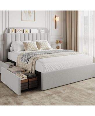 Bed Frame Upholstered Storage Bed with Headboard & 2 Storage Drawers, Metal Support Platform Bed Frame, Easy Assembly, No Box Spring