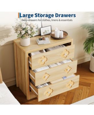 Oak 3 Drawer Tall Dresser with Decorative Boho Fronts, Bedroom Chest for Closet or Nightstand Use