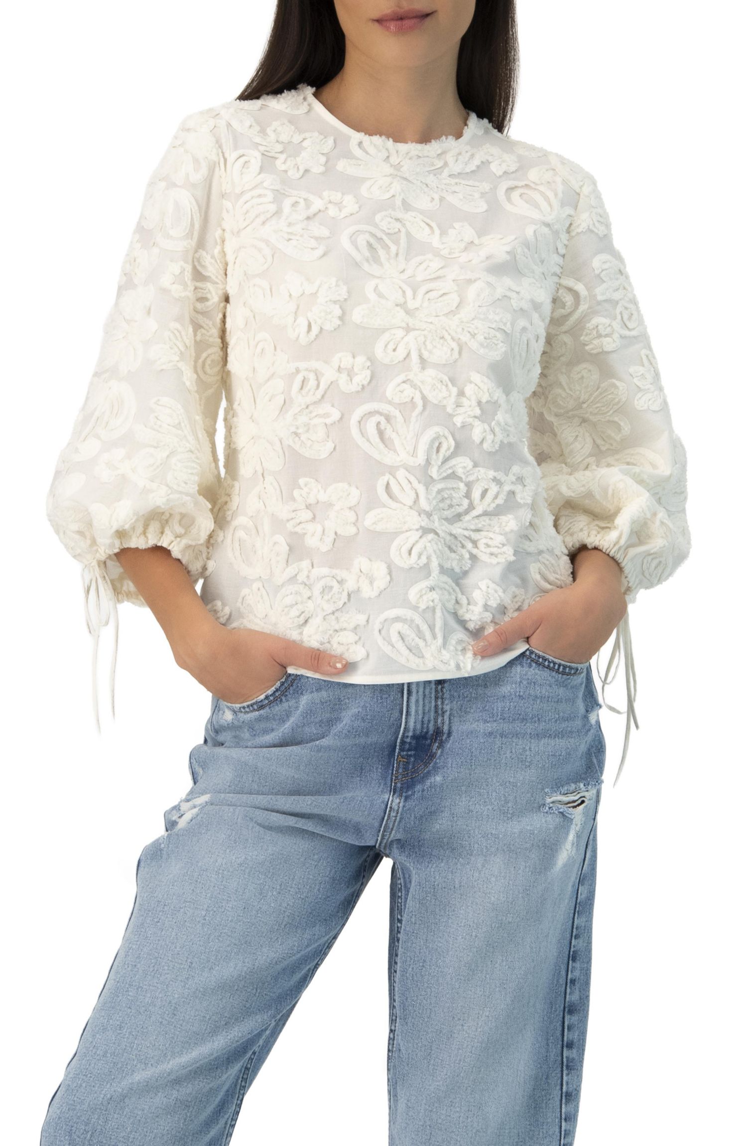 Women's Long Sleeve Floral Aplique Blouse