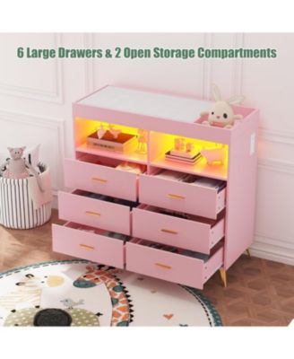 Dresser for Bedroom with 6 Drawers, Multi-Functional Nursery Dresser with LED Lights & Charging Station