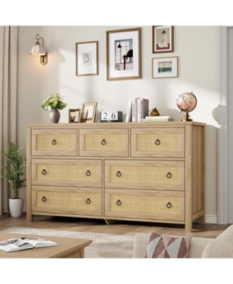 Rattan Dresser with 7 Drawers for Bedroom, Wide Wood Chest of Drawers, Large Clothes Storage Cabinet & TV Stand for Nursery, Living Room