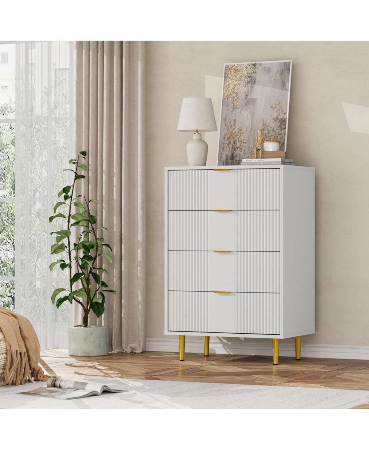 gaomon Fluted Dresser for Bedroom with 4 Drawers, 36.85" Tall Modern Chest of Drawers with Metal Handle, Wooden Closet Clothes Storage Organizer