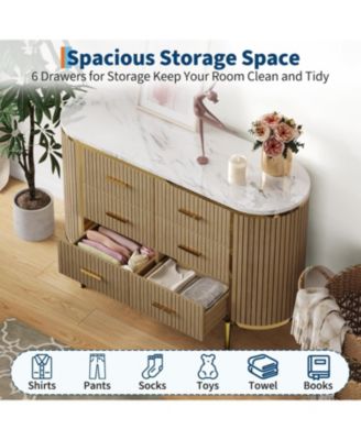 Fluted 6 Drawer Dresser for Bedroom, 59in Large Mid Century Modern Wooden Chest Dresser TV Stand