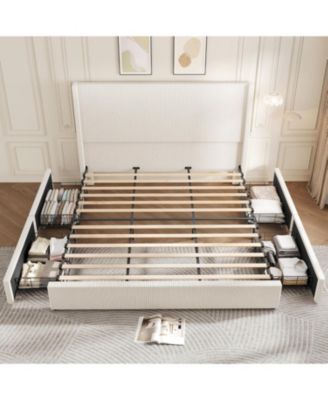 Bed Frame with Storage Drawers, Corduroy Upholstered Platform with Wingback, Tufted Headboard and Footboard, No Box Spring Needed,